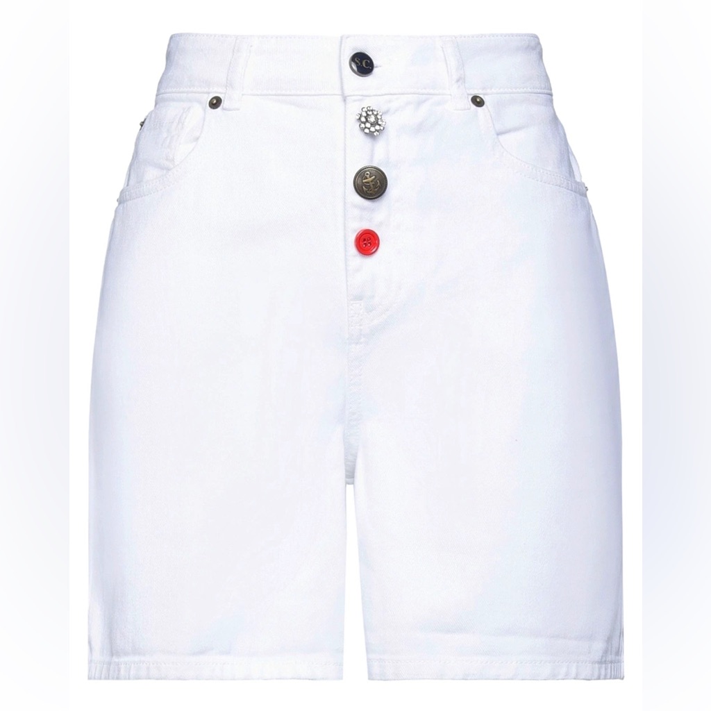 Semicouture 01 White High Waist Denim Bermuda Shorts With Button Accents Size 26